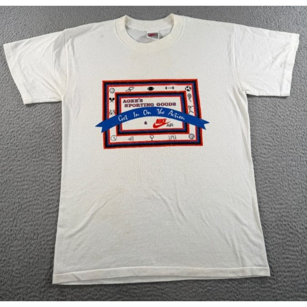 Vintage Nike Agee's Sporting Goods Shirt Medium White Made In USA Single‎ Stitch